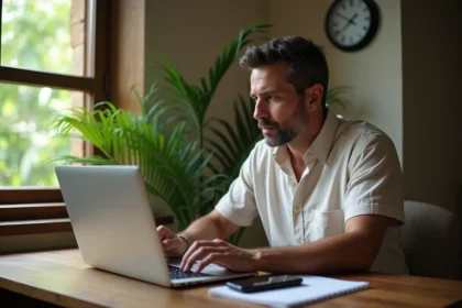 Homme d'âge moyen vérifiant l'heure sur son ordinateur