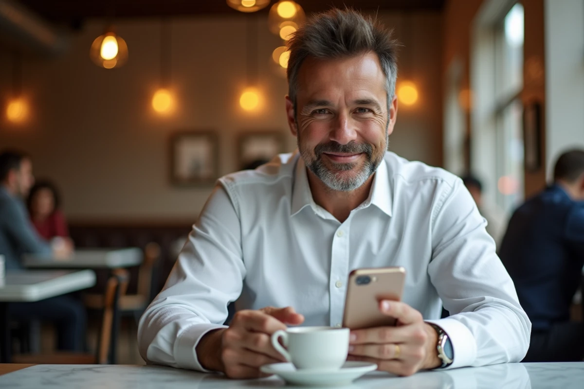 Homme jouant à un jeu de mots sur smartphone dans un café, illustrant l'utilisation de la majuscule au mot capitale pour gagner