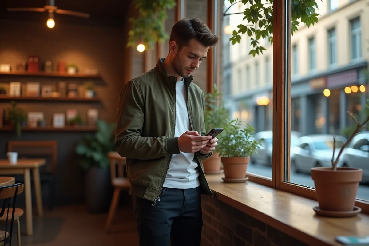 Jeune homme regardant son smartphone dans un café