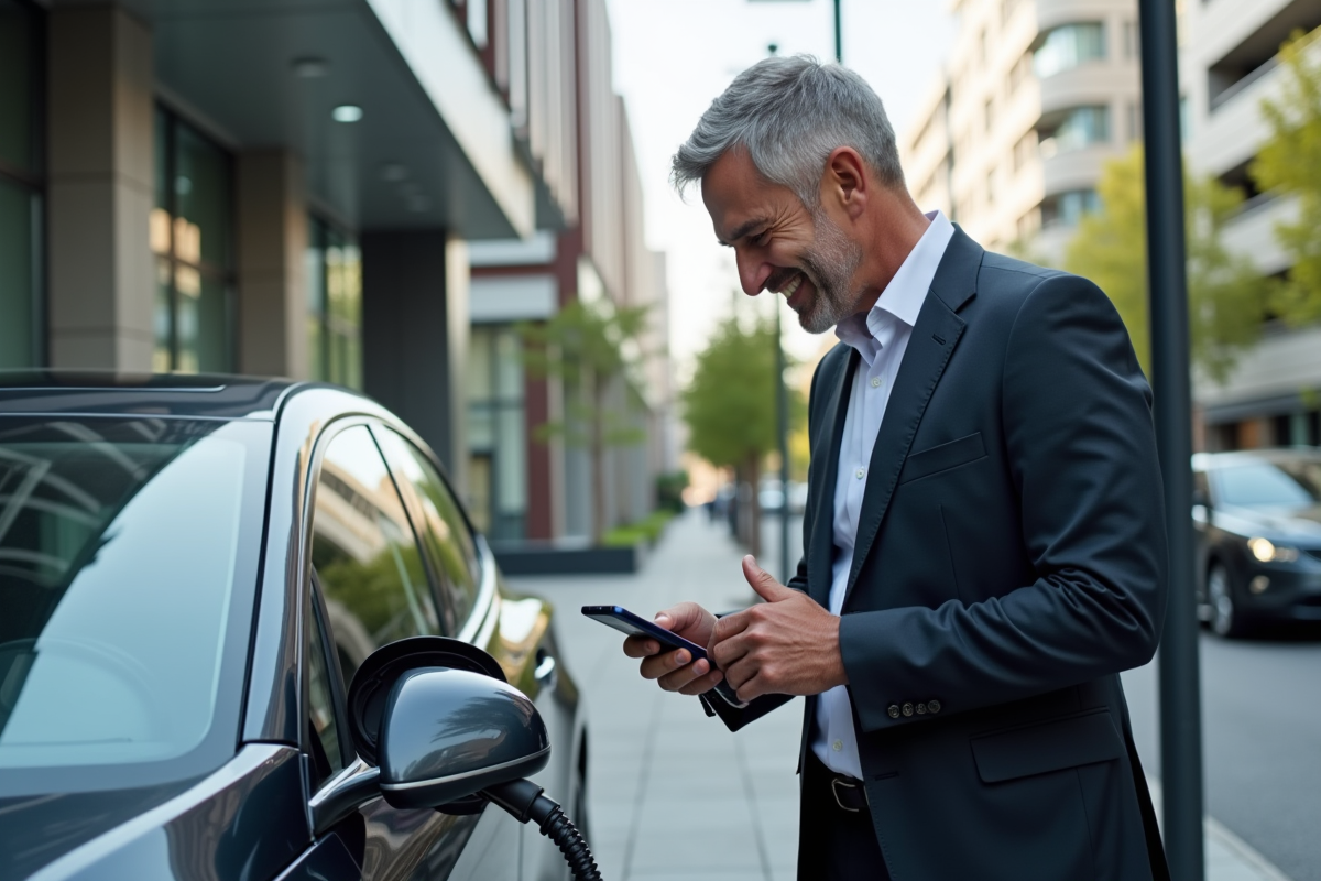 Homme en costume chargeant voiture hybride en ville