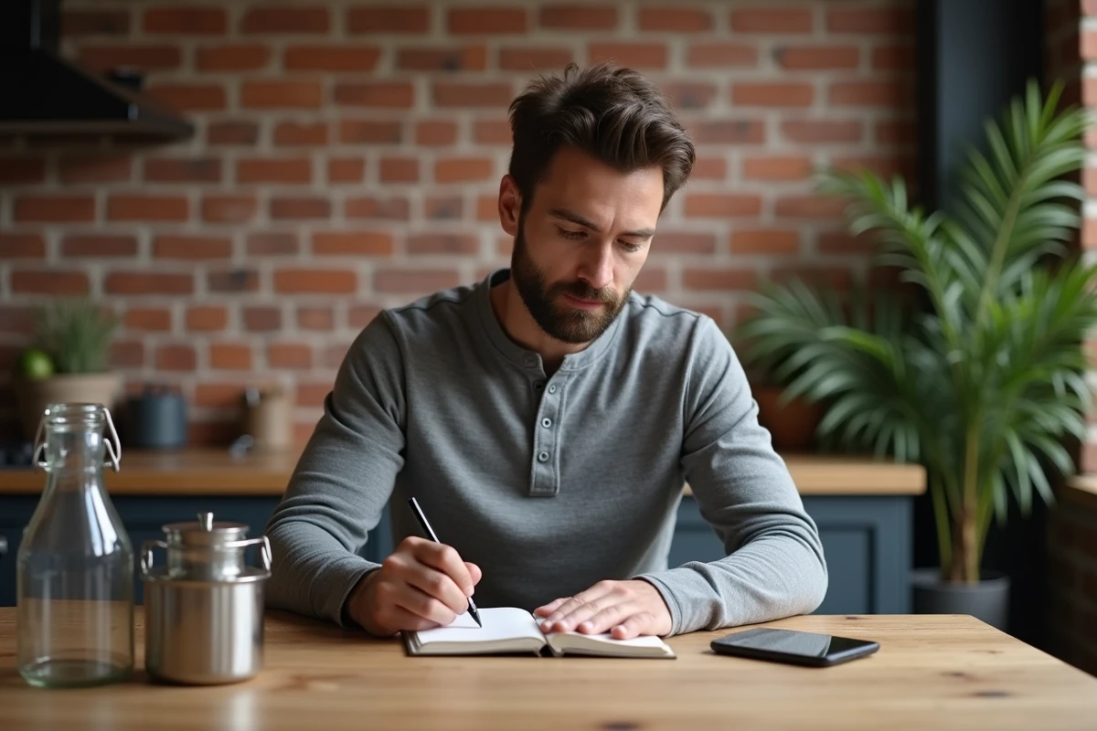 Homme notant des conversions de volumes dans un carnet avec application mobile et flacons doseurs sur table en bois