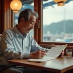 Homme japonais lisant un mots croises dans un café