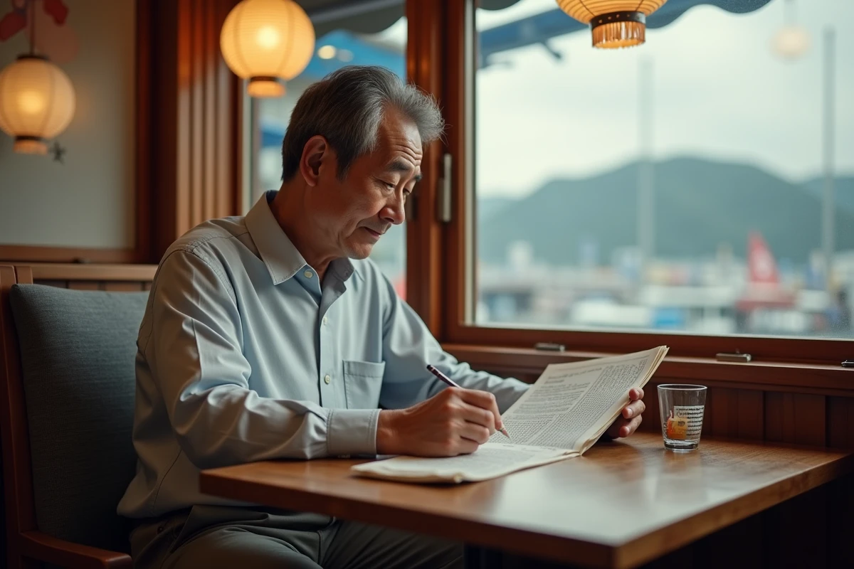 Homme japonais lisant un mots croises dans un café