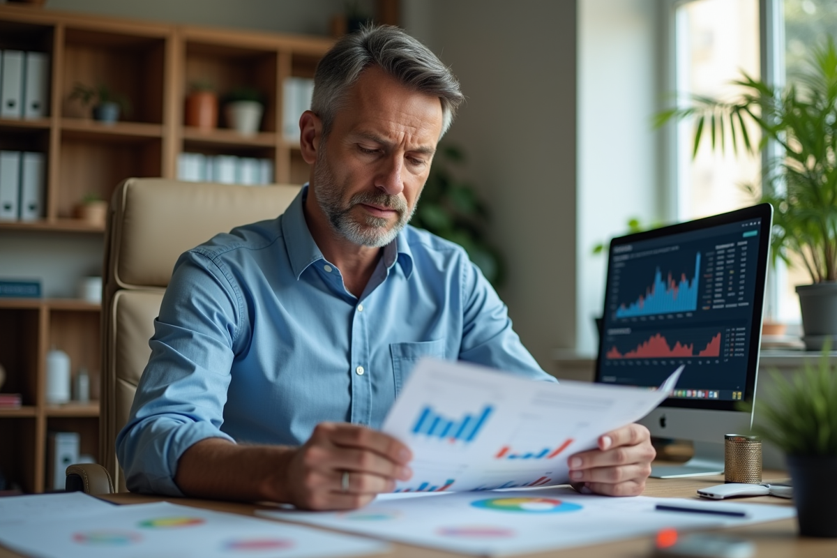 Homme d age examine des graphiques de cryptomonnaies au bureau