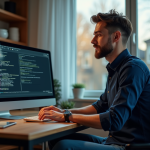 Homme concentré devant un écran de code dans un bureau moderne