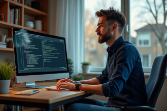 Homme concentré devant un écran de code dans un bureau moderne