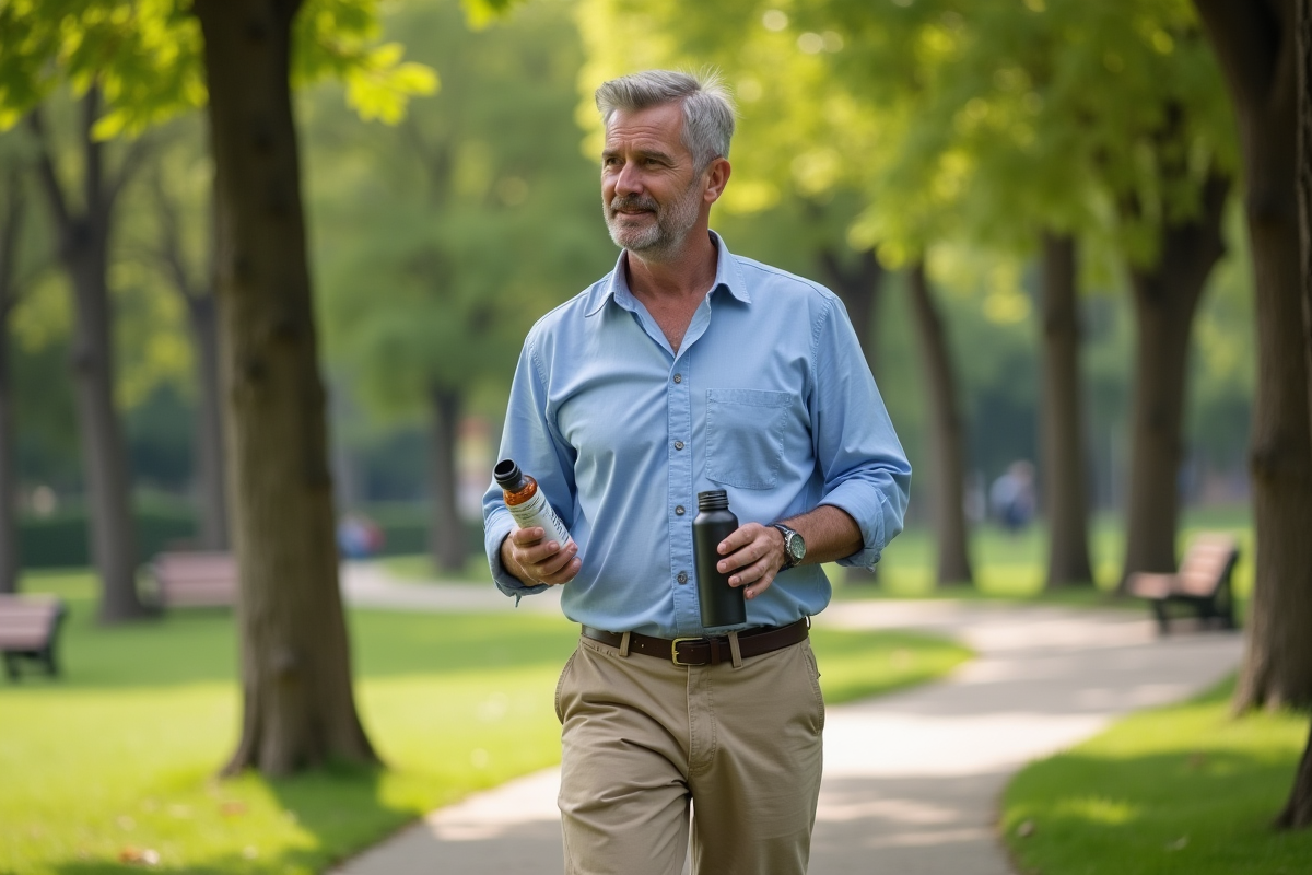 Homme marchant dans un parc avec une bouteille de compléments digestifs