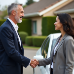 Homme en blazer serrant la main d'une femme près d'une voiture