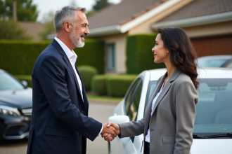 Homme en blazer serrant la main d'une femme près d'une voiture