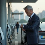 Homme d'affaires vérifiant une voiture à hydrogène au station de charge