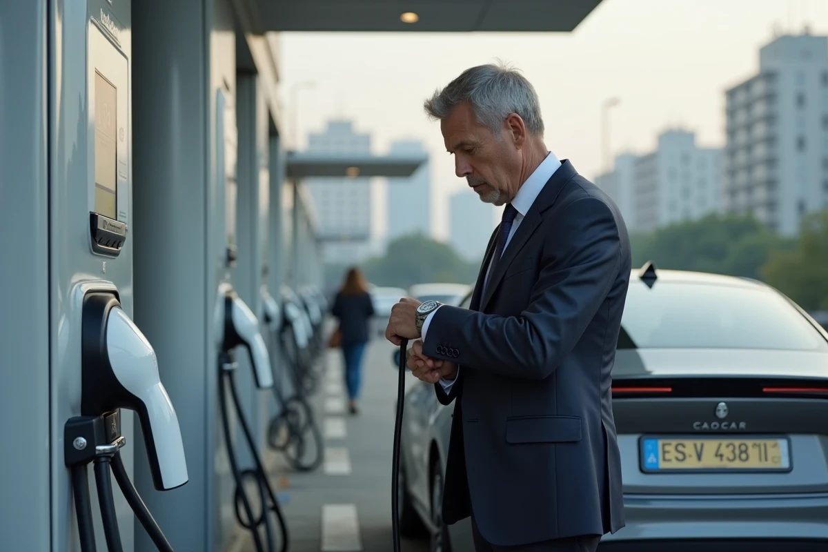 Homme d'affaires vérifiant une voiture à hydrogène au station de charge