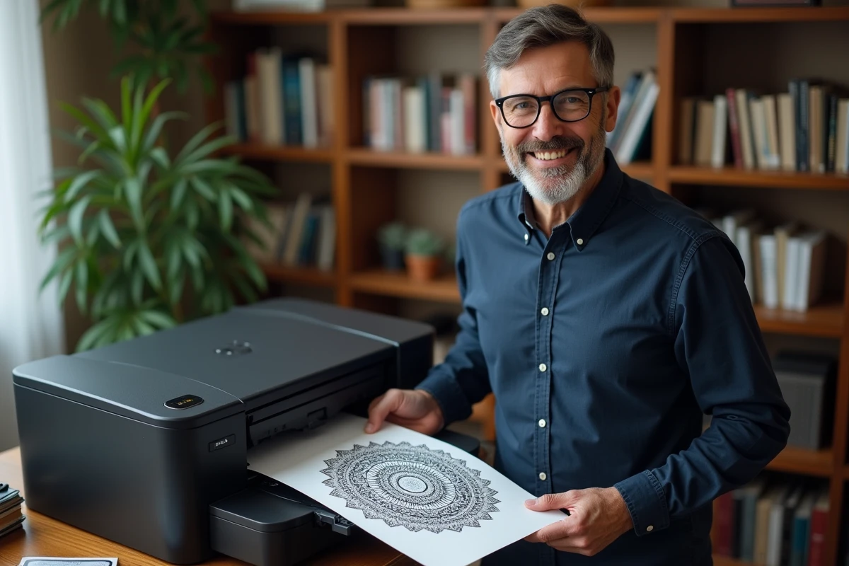 Homme récupérant un dessin mandala imprimé gratuitement depuis une imprimante dans un bureau à domicile