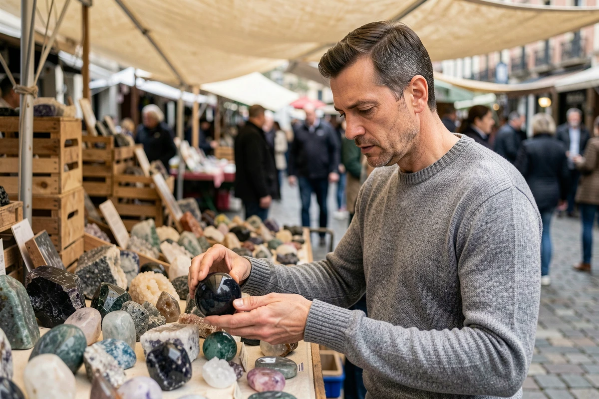 Homme examinant une sphère d'obsidienne sur un marché de pierres minérales en plein air