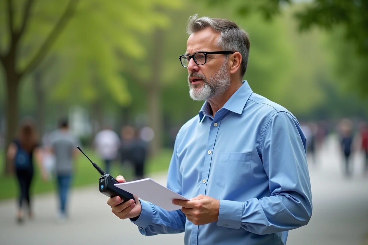 Homme parlant dans un parc urbain avec enregistreur