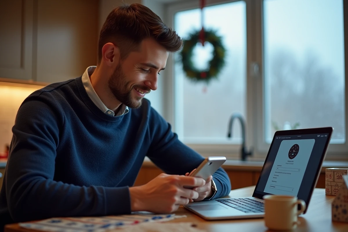 Homme personnalisant un widget décompte Noël 2026 sur smartphone dans une cuisine décorée avec un calendrier de l'avent