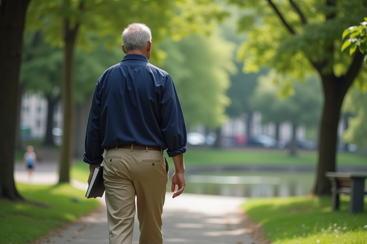 Homme méditant dans un parc urbain verdoyant