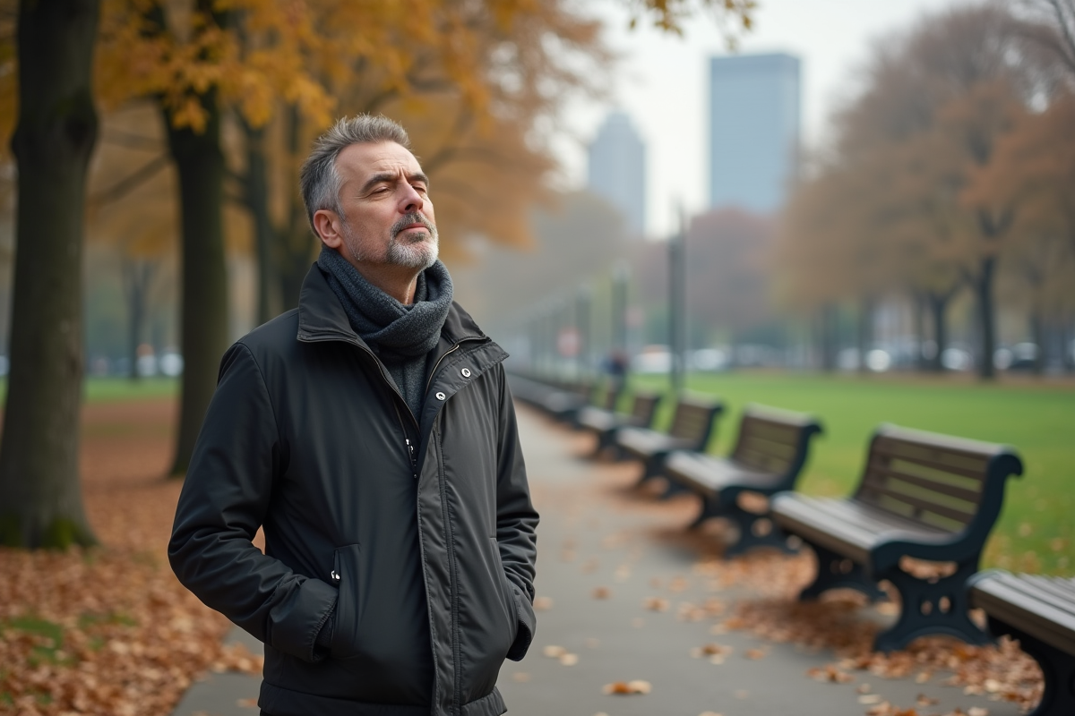 Homme méditant dans un parc urbain en automne