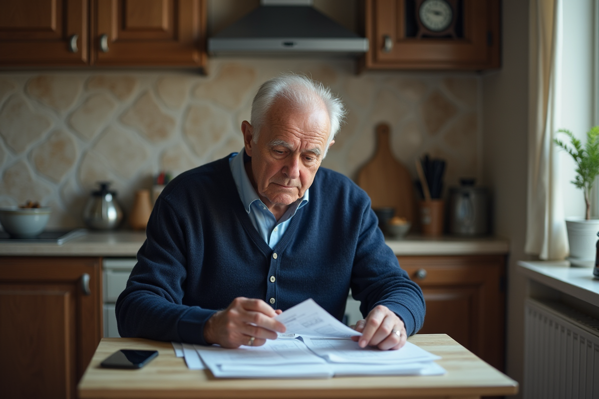 Homme retraité examinant ses relevés bancaires dans la cuisine