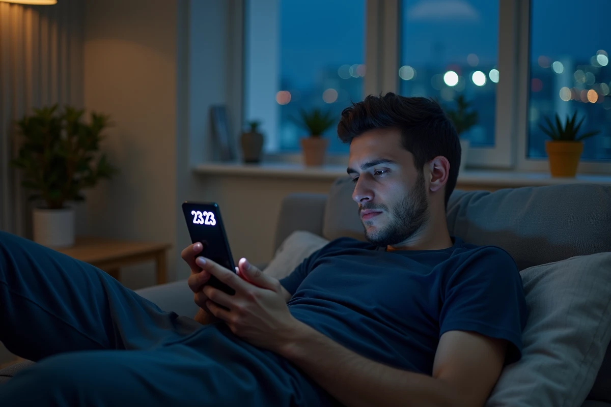 Homme allongé sur un canapé la nuit regardant son téléphone affichant 23h23, illustration des messages des heures miroirs