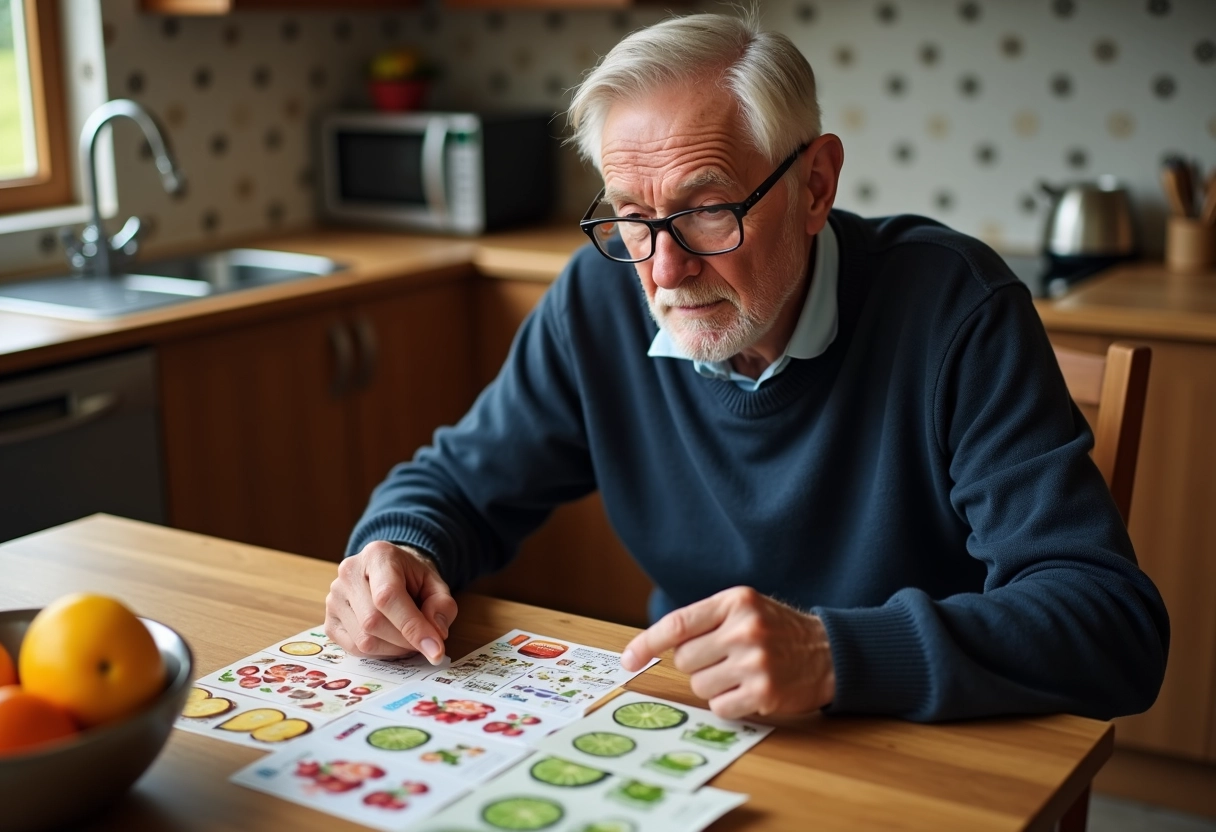 Homme age examinant des stickers et carte de fidelite a la maison