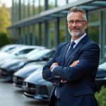 Homme d'affaires en costume devant voitures de luxe