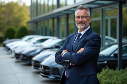 Homme d'affaires en costume devant voitures de luxe