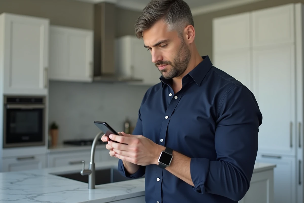 Homme vérifiant le suivi de commandes de vêtements sur son smartphone dans une cuisine moderne