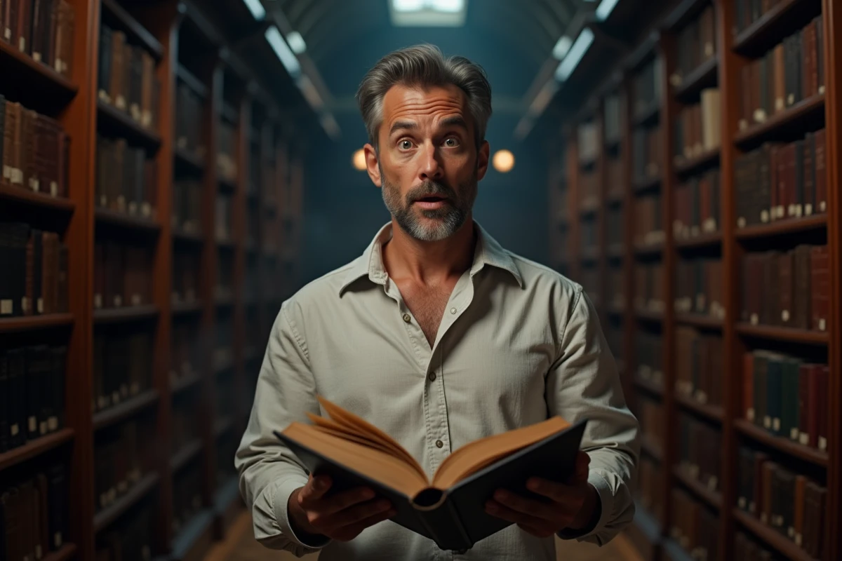 Homme surpris par un rebondissement inattendu en lisant un livre dans une bibliothèque ancienne aux étagères sombres
