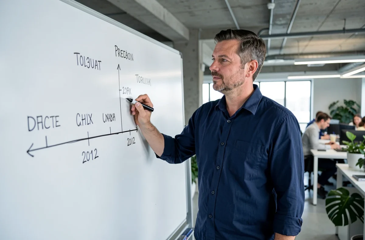 Homme d'affaires traçant une chronologie de dates sur un tableau blanc dans un bureau moderne
