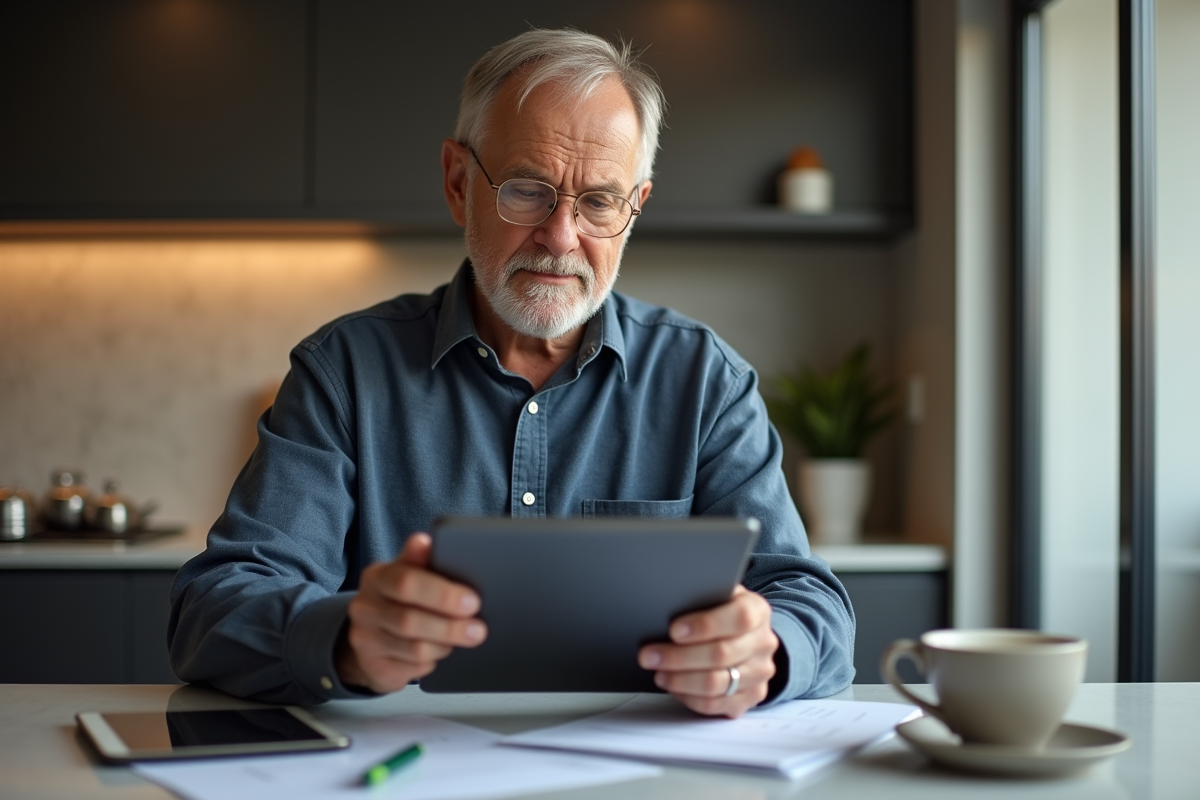 Homme utilisant une tablette avec application bancaire dans la cuisine
