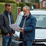 Homme vérifiant documents de voiture devant une citadine