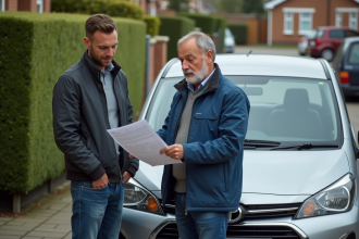 Homme vérifiant documents de voiture devant une citadine