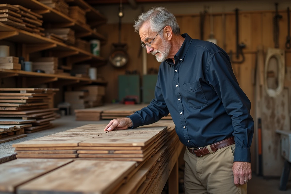 Homme inspectant des lames de parquet recyclé dans un atelier