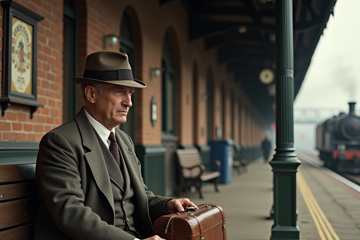 Homme en costume vintage assis sur un quai de gare ancienne