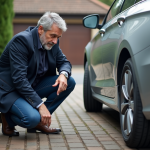Homme d'âge moyen inspectant le pneu d'une voiture moderne