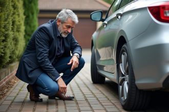 Homme d'âge moyen inspectant le pneu d'une voiture moderne