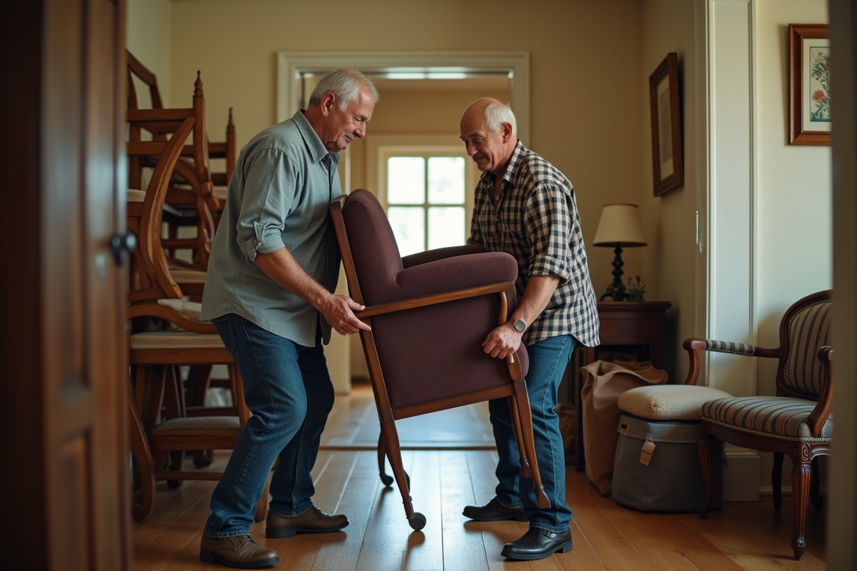 Deux hommes déplaçant un meuble dans un couloir encombré