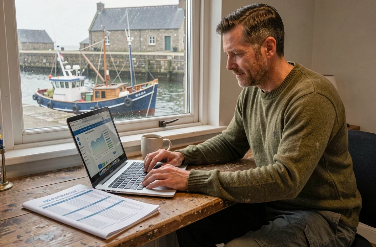 Pêcheur consultant les prévisions de marées sur un ordinateur portable dans un bureau de port breton