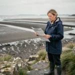 Femme consultant un tableau des marées sur le littoral de la baie de Saint-Brieuc à marée basse