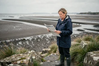 Femme consultant un tableau des marées sur le littoral de la baie de Saint-Brieuc à marée basse