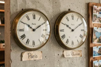 Deux horloges murales analogiques côte à côte indiquant l'heure de Paris et de La Réunion