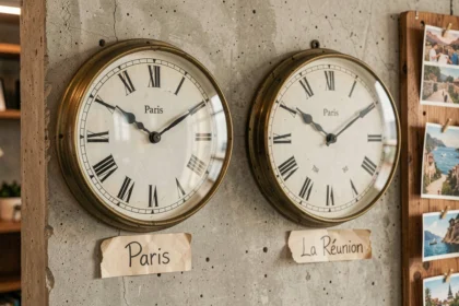 Deux horloges murales analogiques côte à côte indiquant l'heure de Paris et de La Réunion