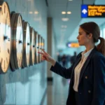 Femme devant un mur d'horloges mondiales affichant l'heure de Washington et d'autres grandes villes dans un aéroport international