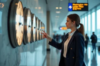 Femme devant un mur d'horloges mondiales affichant l'heure de Washington et d'autres grandes villes dans un aéroport international