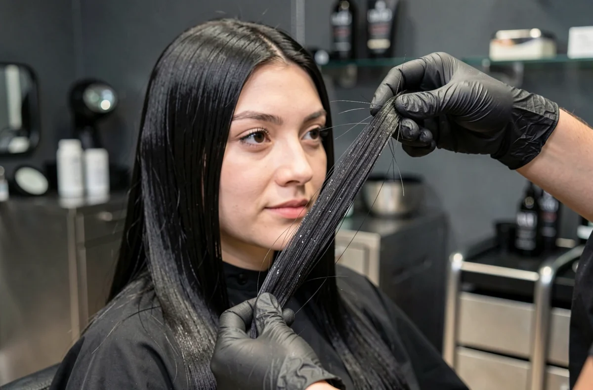 Coiffeuse inspectant les fourches sur cheveux lissés d'une cliente en salon de coiffure