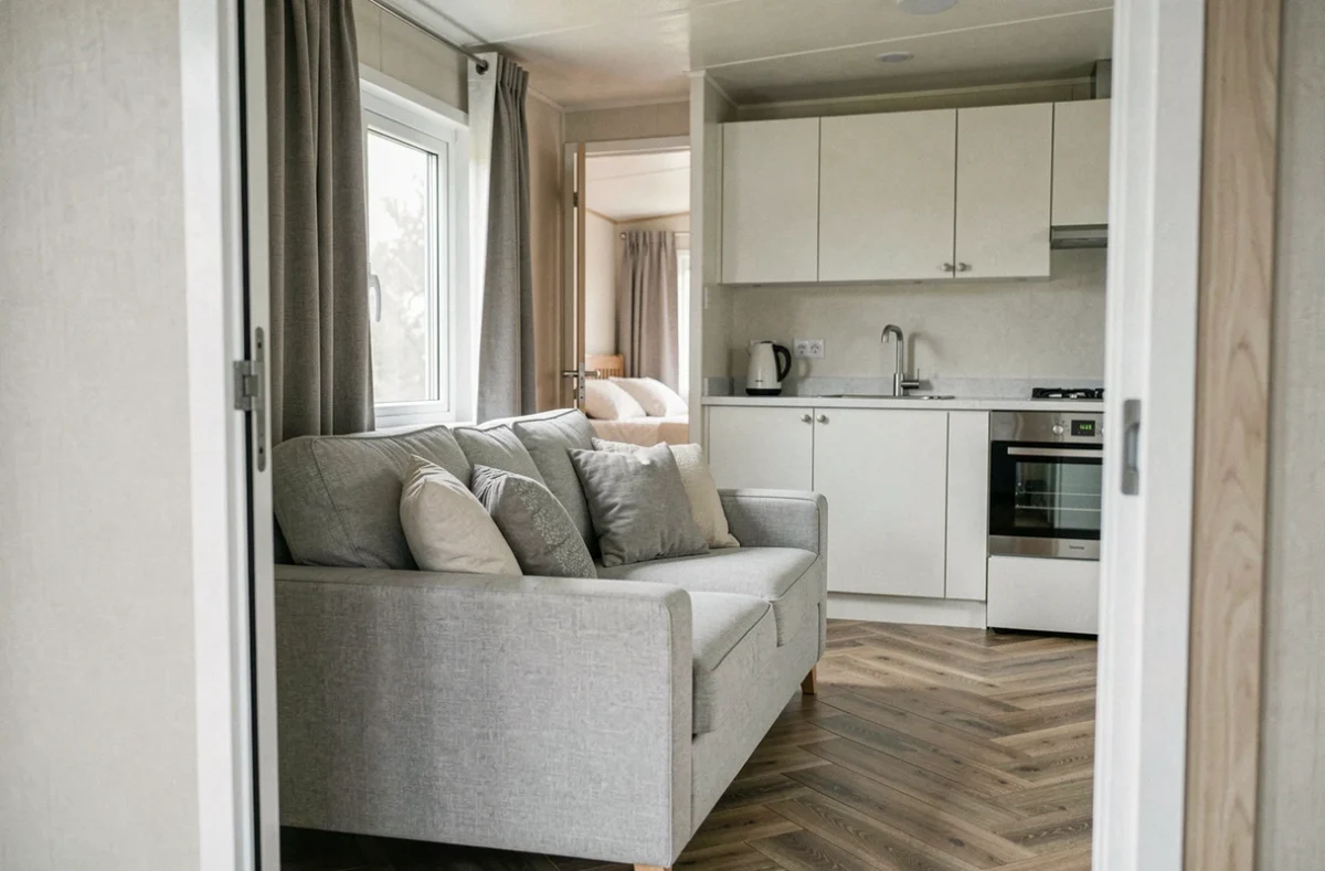 Intérieur moderne de mobil-home avec salon design, cuisine ouverte et parquet en chêne façon appartement scandinave