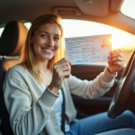 Jeune conducteur souriant avec son permis dans la voiture