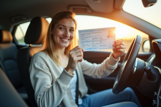 Jeune conducteur souriant avec son permis dans la voiture
