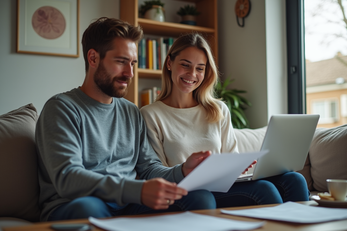 Jeune couple discutant de papiers dans un salon cosy