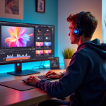 Jeune créateur français éditant des vidéos sur un ordinateur avec icônes sociales en arrière-plan